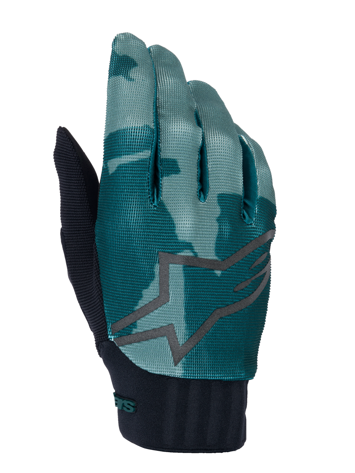 Alpinestars A-Dura handschoenen, MTB-handschoenen, Green Camo, teal en donkergroen camouflagepatroon met een groot grijs ster-logo, zwarte geribbelde neopreen manchet, technische uitrusting voor off-road fietsen