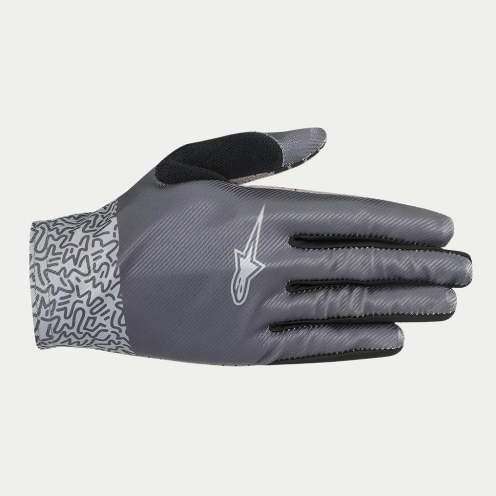 Alpinestars Stella Alderex Pro dames handschoenen, MTB-handschoenen, antracietgrijs, met een diagonaal getextureerde handrug, wit Alpinestars-logo, zwarte badstof patch op de duim en manchet met abstract patroon, off-road fietsuitrusting