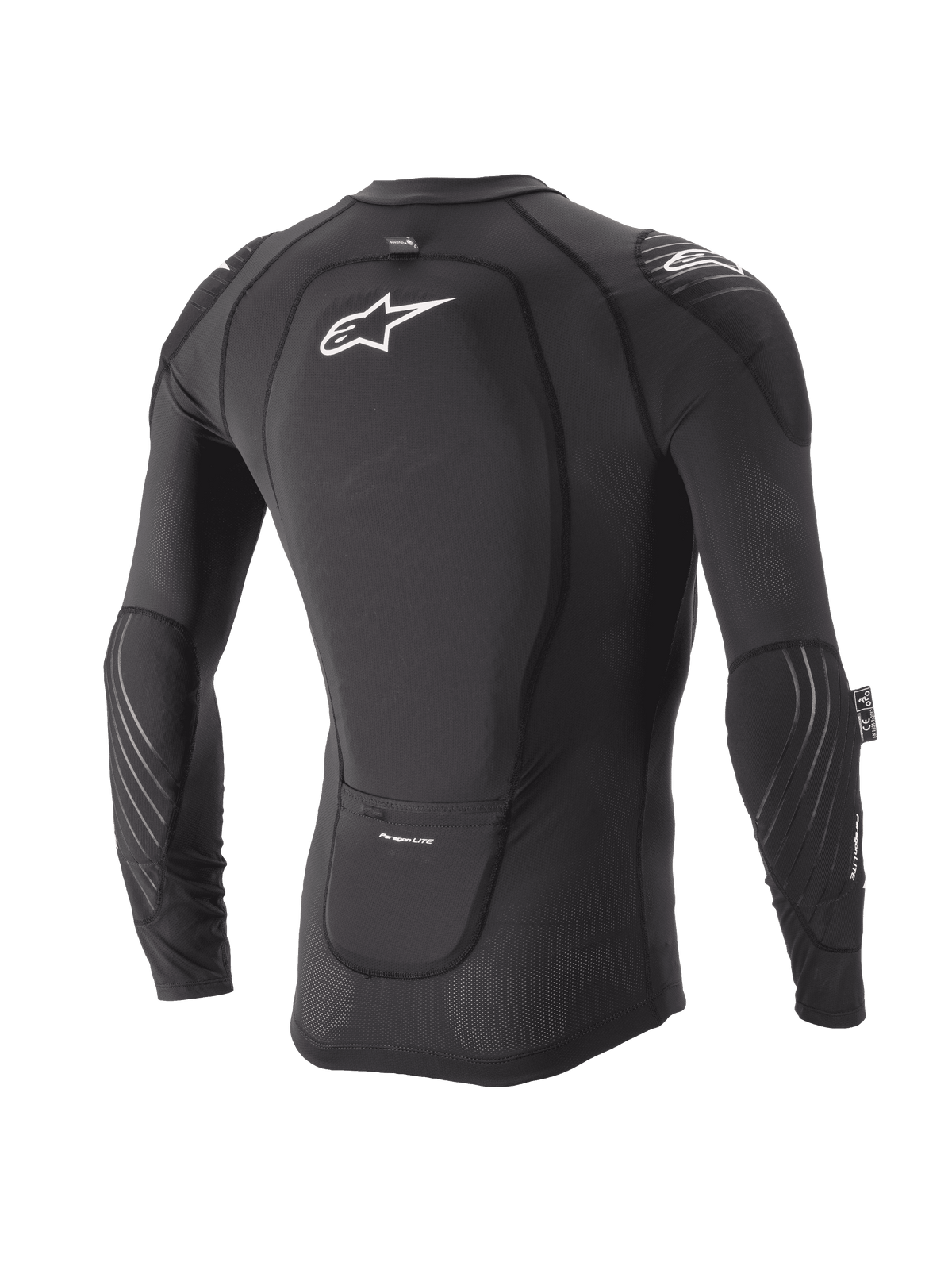 Alpinestars Jeugd Paragon Lite Beschermjas, beschermend shirt met lange mouwen, zwart, achteraanzicht met geïntegreerde rugbeschermer en wit logo, ademende mesh-mouwen met elleboogbescherming, lichtgewicht MTB body armor