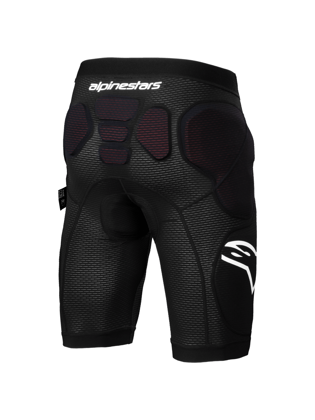 Alpinestars A-Impact Plasma beschermshort, mountainbike beschermshort, zwart en wit, achteraanzicht met geïntegreerde beschermende padding op de heupen en onderrug, ademende mesh-stof met witte Alpinestars-branding, ontworpen voor enduro- en gravity-mountainbiken.