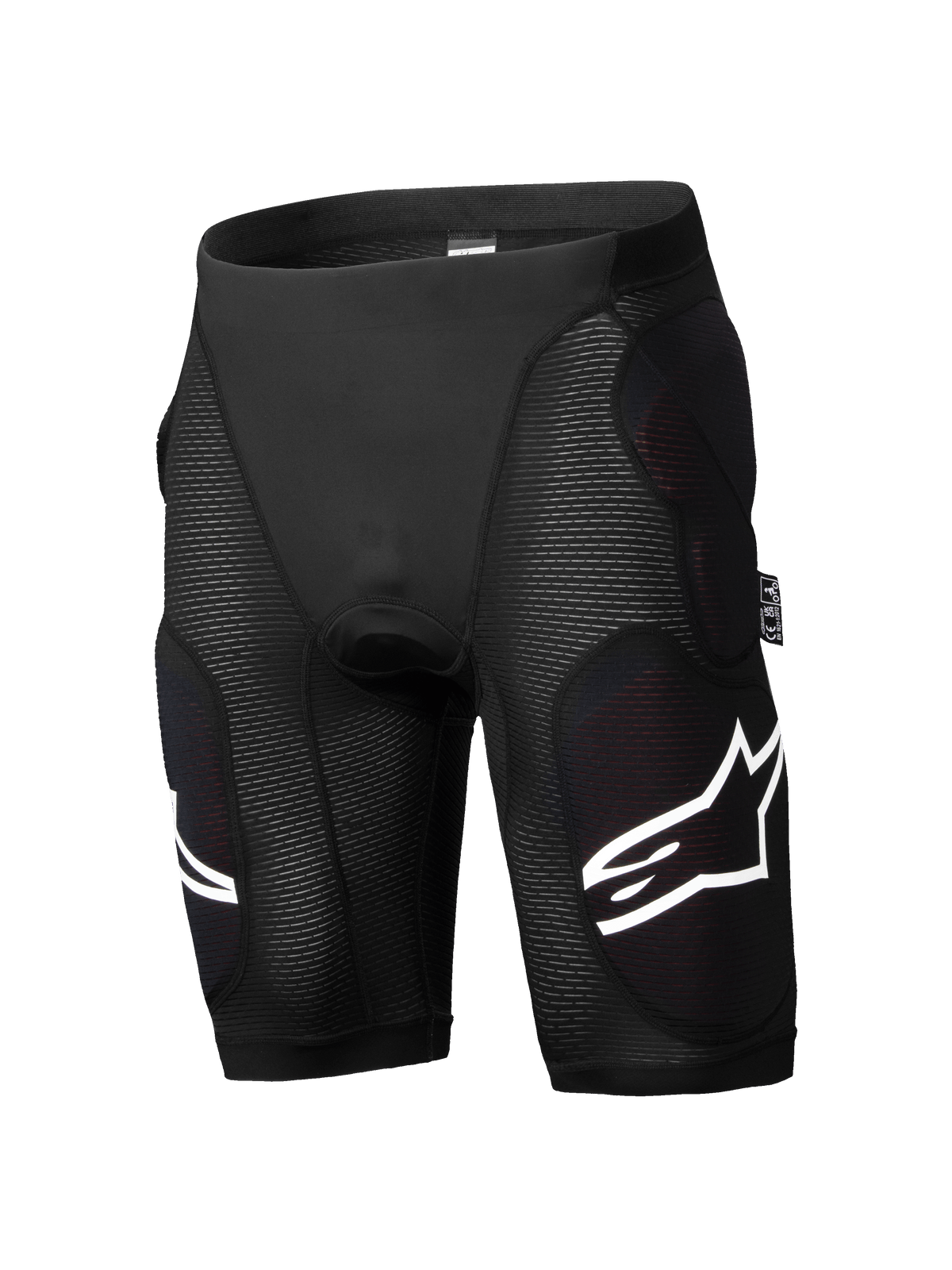 Alpinestars A-Impact Plasma beschermende short, mountainbike beschermingsbroek, zwart, geïntegreerde impactbescherming voor heupen en dijen, getextureerde geribbelde panelen, witte logo-accenten, nauwsluitend ademend stretchmateriaal
