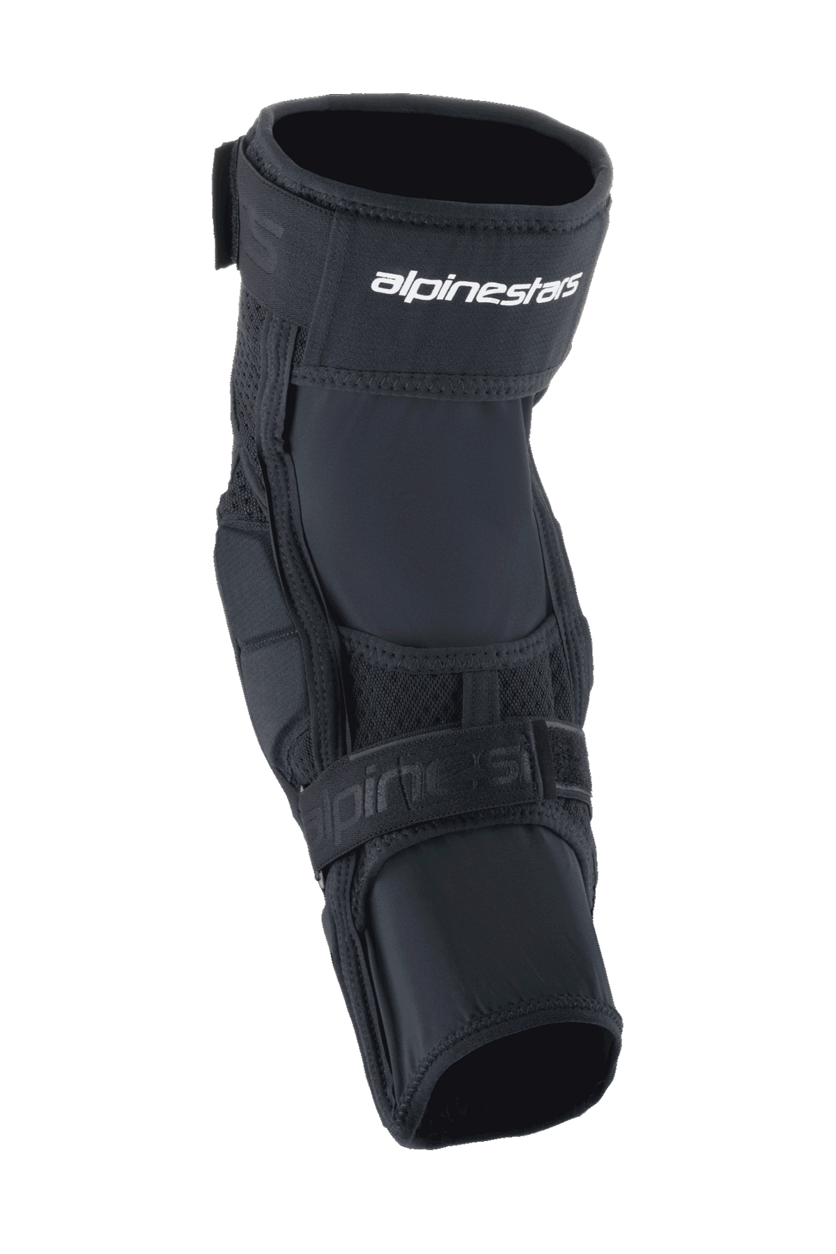 Alpinestars A-Impact Plasma Elite kniebeschermer, MTB-kniebeschermer, zwart en wit, voorzien van een dubbel sluitsysteem met wit Alpinestars-logo, mesh-panelen en een ergonomisch voorgevormd ontwerp voor MTB-impactbescherming