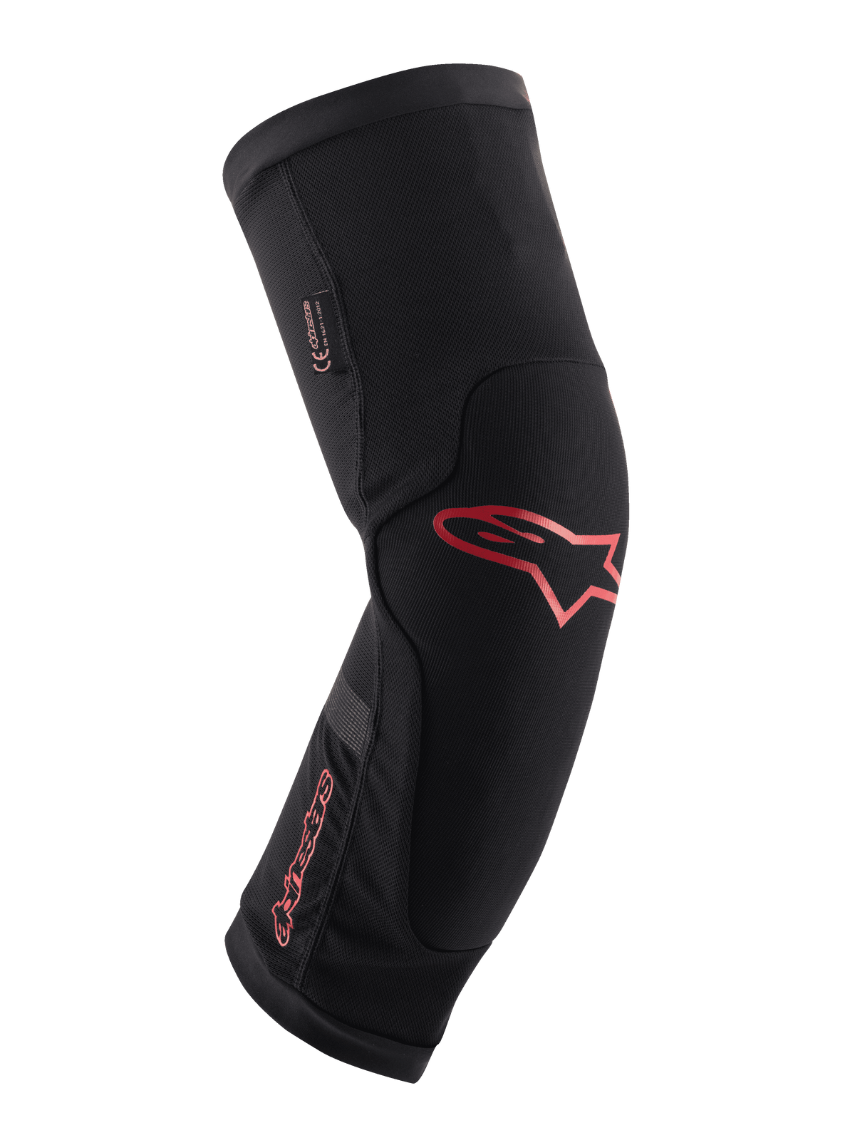 Alpinestars Paragon Plus kniebeschermer, zwart met rood Alpinestars-logo en woordmerk, ergonomisch instapontwerp, ademende mesh-stof met versterkte panelen, mountainbike beschermende uitrusting