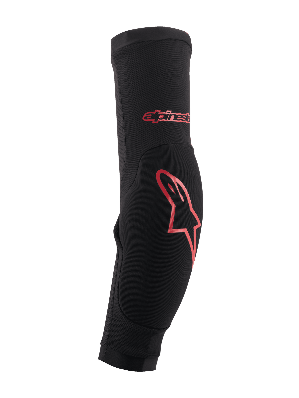 Alpinestars Paragon Plus elleboogbeschermers, zwart met rood logo, MTB mountainbike bescherming, nauwsluitende slip-on mouw met versterkte padding en ademend mesh materiaal