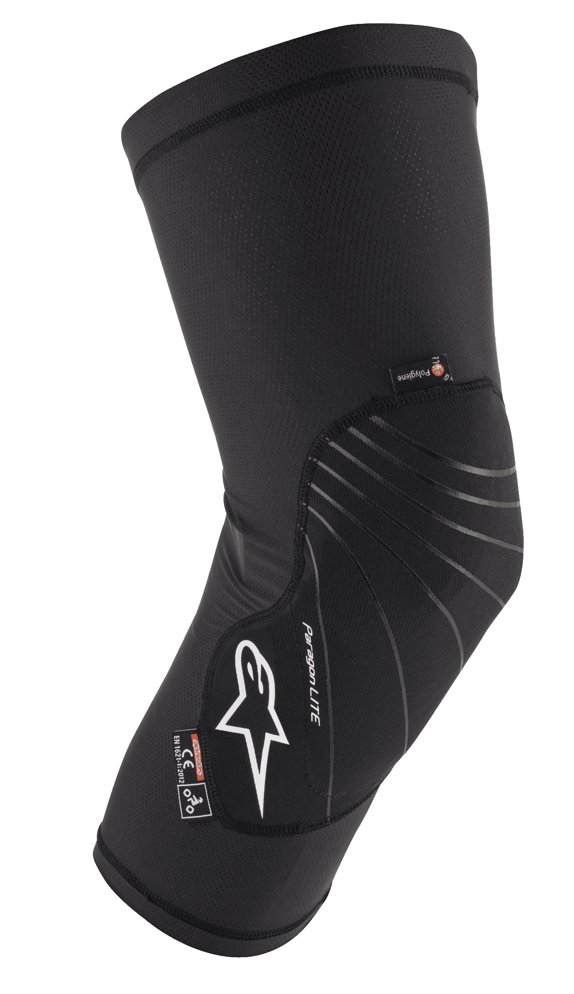 Alpinestars Paragon Lite kniebeschermer, zwart, lichtgewicht beschermende uitrusting met een gestructureerde mesh-constructie, wit logo, grijze designlijnen, slip-on sleeve-ontwerp, voorzien van CE Level 1- en Polygiene-labels, ontworpen voor MTB en off-road fietsen