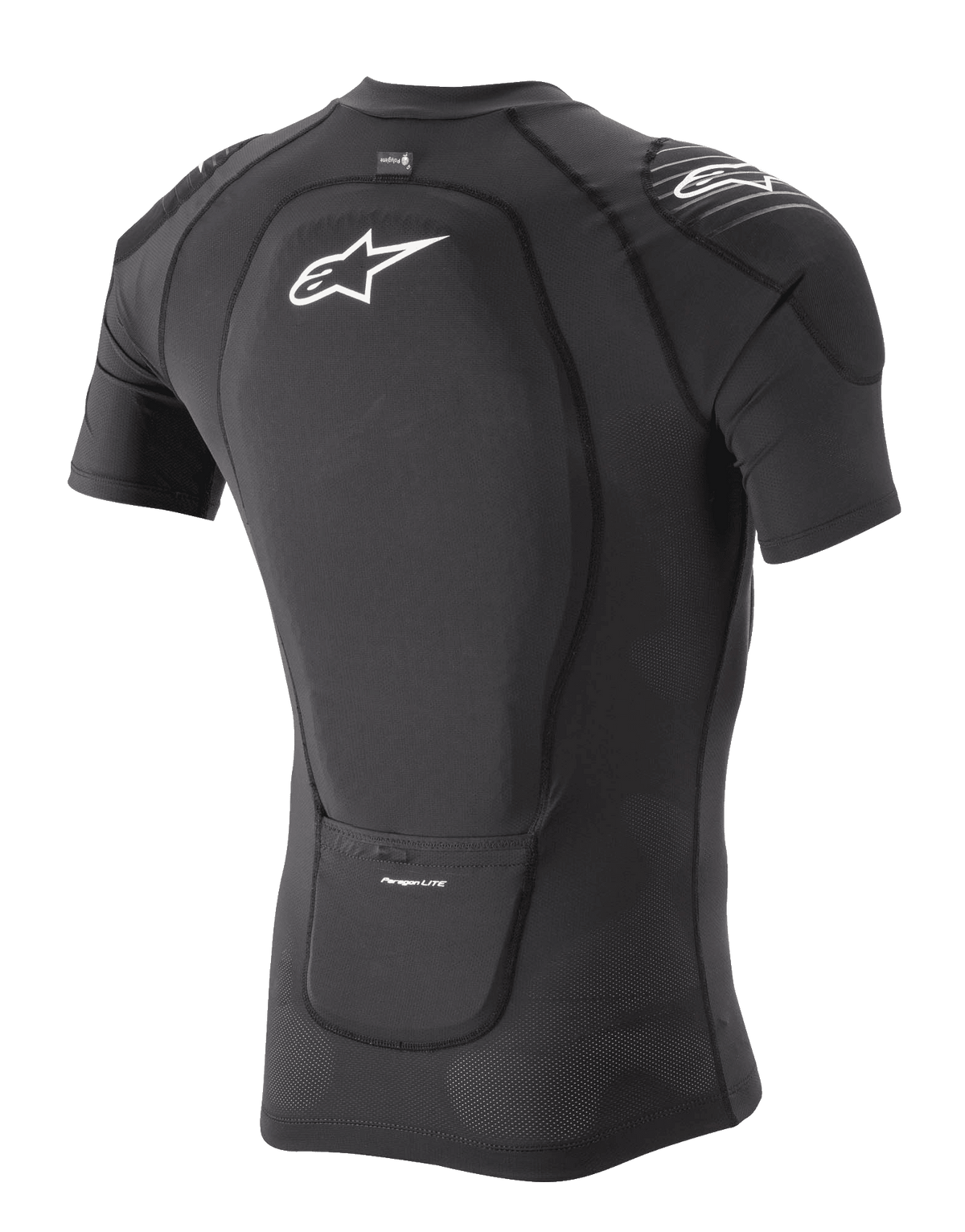 Alpinestars Paragon Lite Protection Jacket - Korte Mouw, zwart, driekwart achteraanzicht met geïntegreerde rugbeschermer en ademende stretch mesh-constructie, wit Alpinestars-logo op de rug en schouder, lichtgewicht mountainbike beschermingsuitrusting