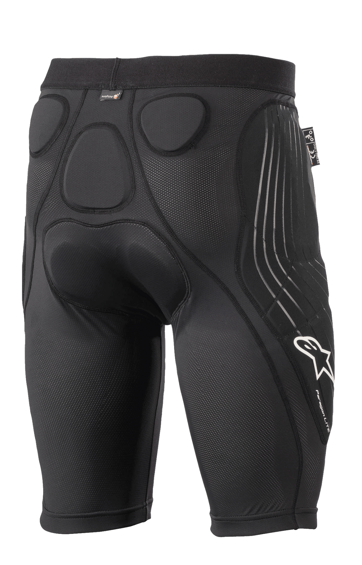 Alpinestars Paragon Lite Protection Shorts, zwart, achteraanzicht met geïntegreerde traagschuimvulling voor heup- en stuitbescherming, ademend mesh-ontwerp, wit Alpinestars-logo en Paragon Lite-branding op het been, lichtgewicht beschermende fietskleding
