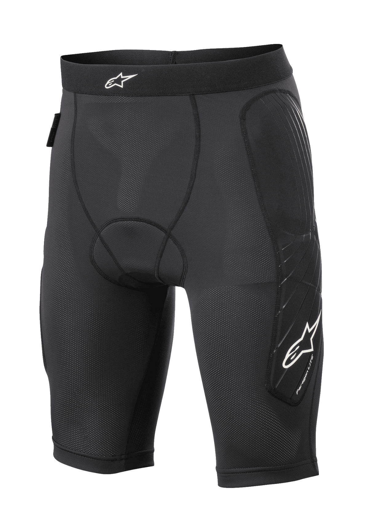 Alpinestars Paragon Lite beschermende short, MTB-beschermingsbroek, zwart, lichtgewicht ademende mesh-constructie met geperforeerd materiaal, heup- en zijbeenbescherming, wit sterlogo op de tailleband en pijp, nauwsluitende compressie-pasvorm voor off-road fietsen