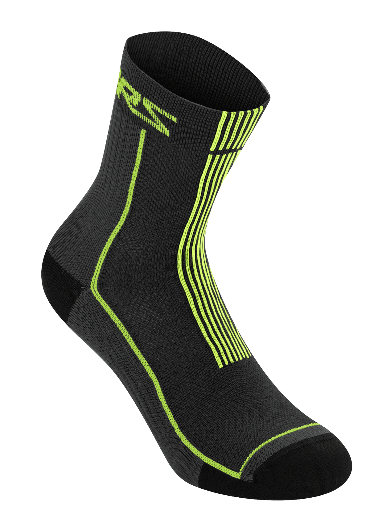 Alpinestars Summer Socks 15, zwart en felgeel, lichtgewicht geribbelde fietssokken, met neongeel ASTARS-logo en verticale strepen op de hiel, ademende mesh-constructie voor mountainbiken in warm weer