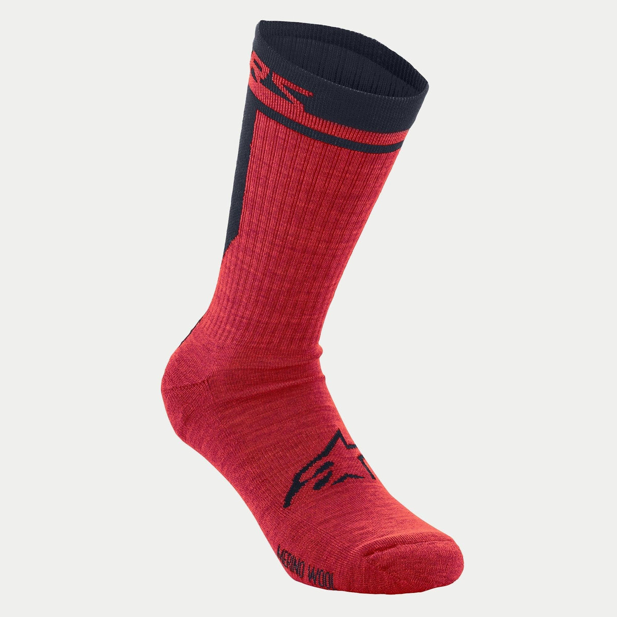 Alpinestars Merino Socks 24, Cycling Socks, Red and Black, featuring a 24cm cuff height, black Alpinestars logo on the foot, and textured merino wool construction for insulation and moisture management.