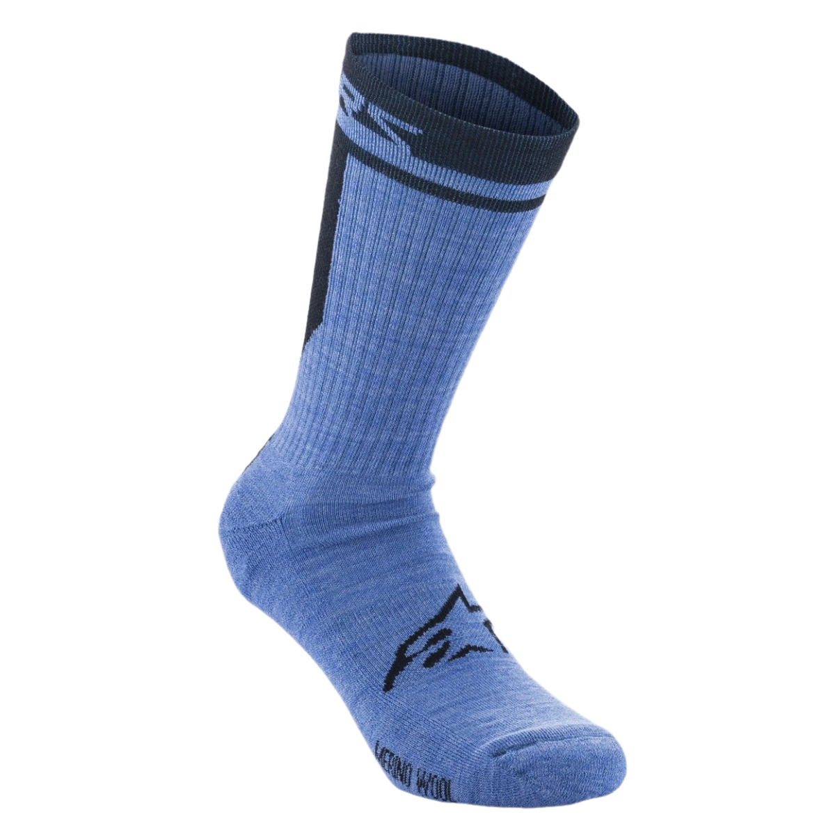 Alpinestars Merino Sokken 24, fietssokken, blauw zwart, technische merinowol constructie met zwart Alpinestars-logo op de wreef, halfhoge lengte met donkere geribbelde boord en branding.