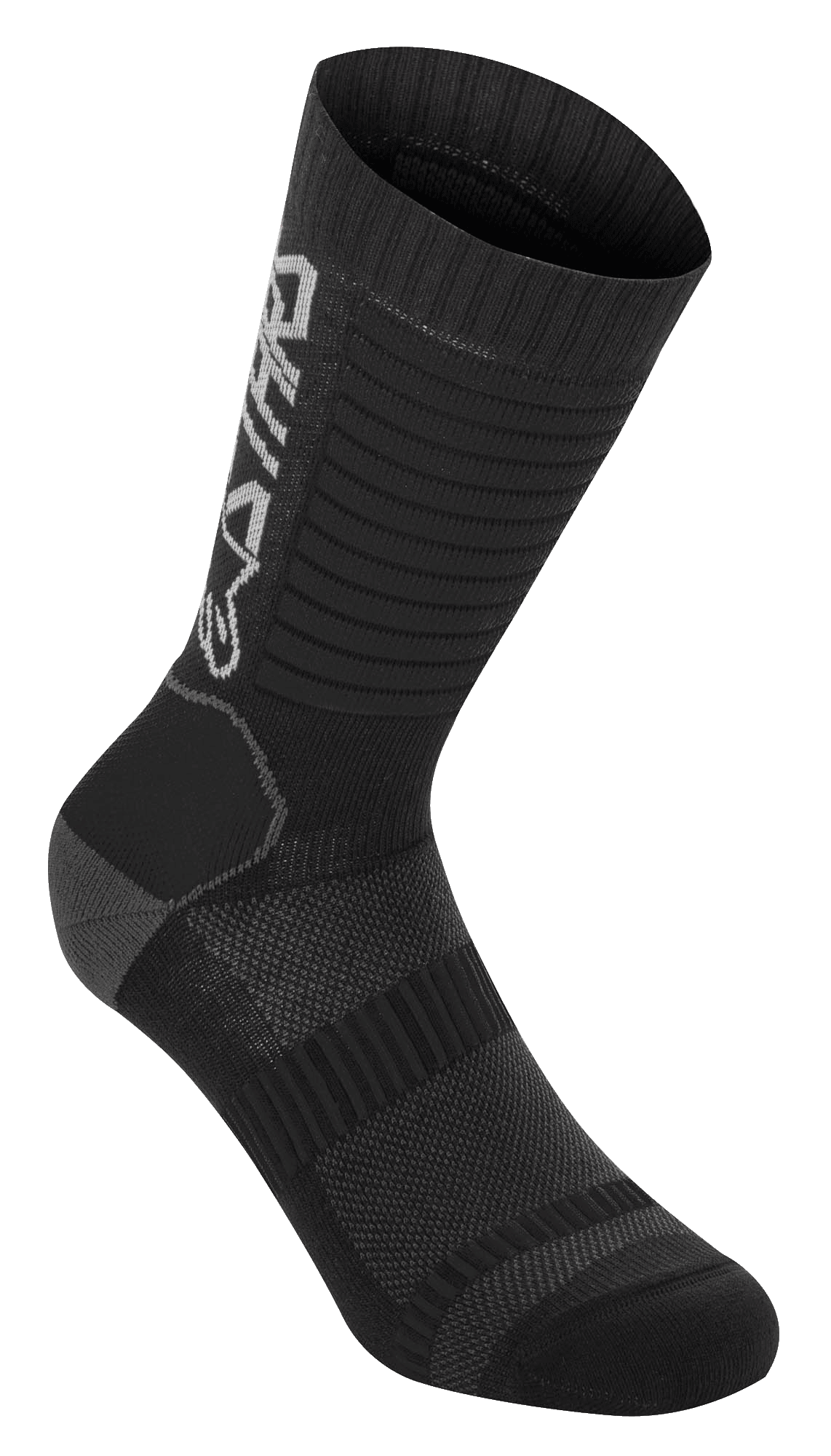 Alpinestars Paragon Lite Socks 19, mountainbike sokken, zwart, technische mesh-constructie, verticale Alpinestars branding, geribbelde textuur voor stretch, versterkte hiel en teen, lichtgewicht ademende stof voor off-road fietsen