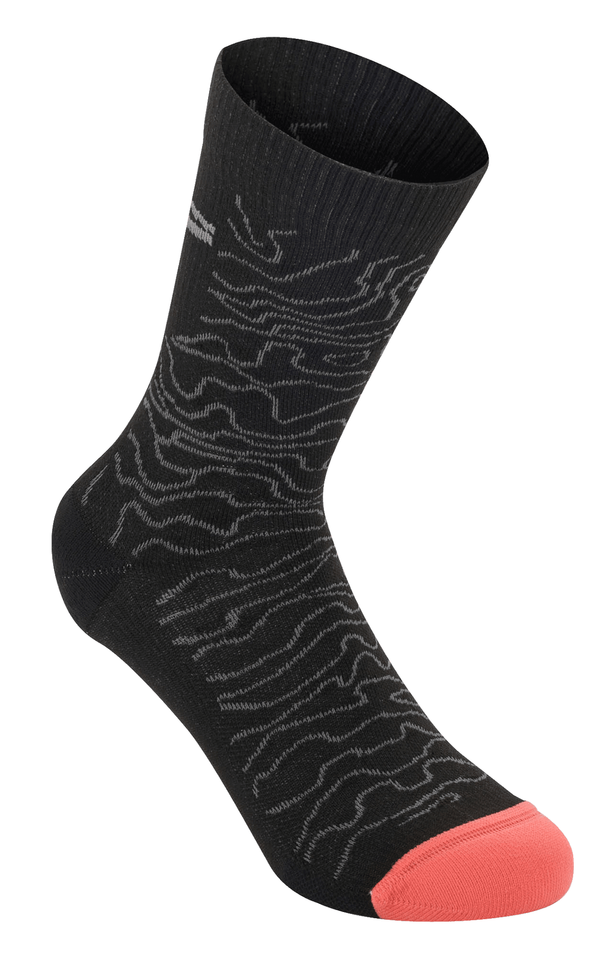 Alpinestars Drop Socks 15, performance fietssokken, zwart en middengrijs met koraaloranje teen, topografisch golfpatroon en geribbelde boord, lichtgewicht mesh-ontwerp voor MTB en off-road rijden