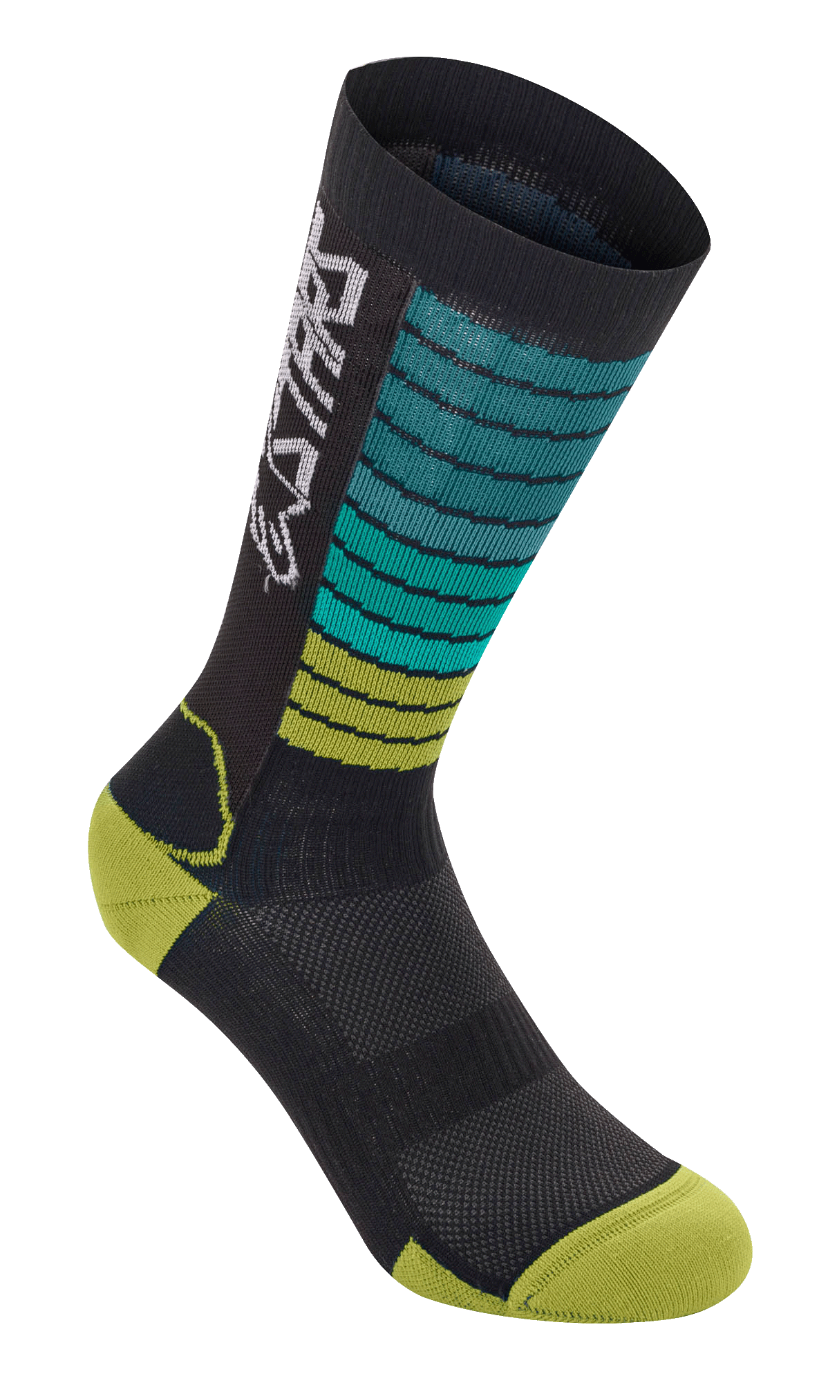 Alpinestars Drop Socks, MTB-fietssokken, zwart met blauwgroene en limoengroene kleurverloopstrepen, geelgroene teen en hiel, voorzien van witte Astars-branding en ademende mesh-textuur