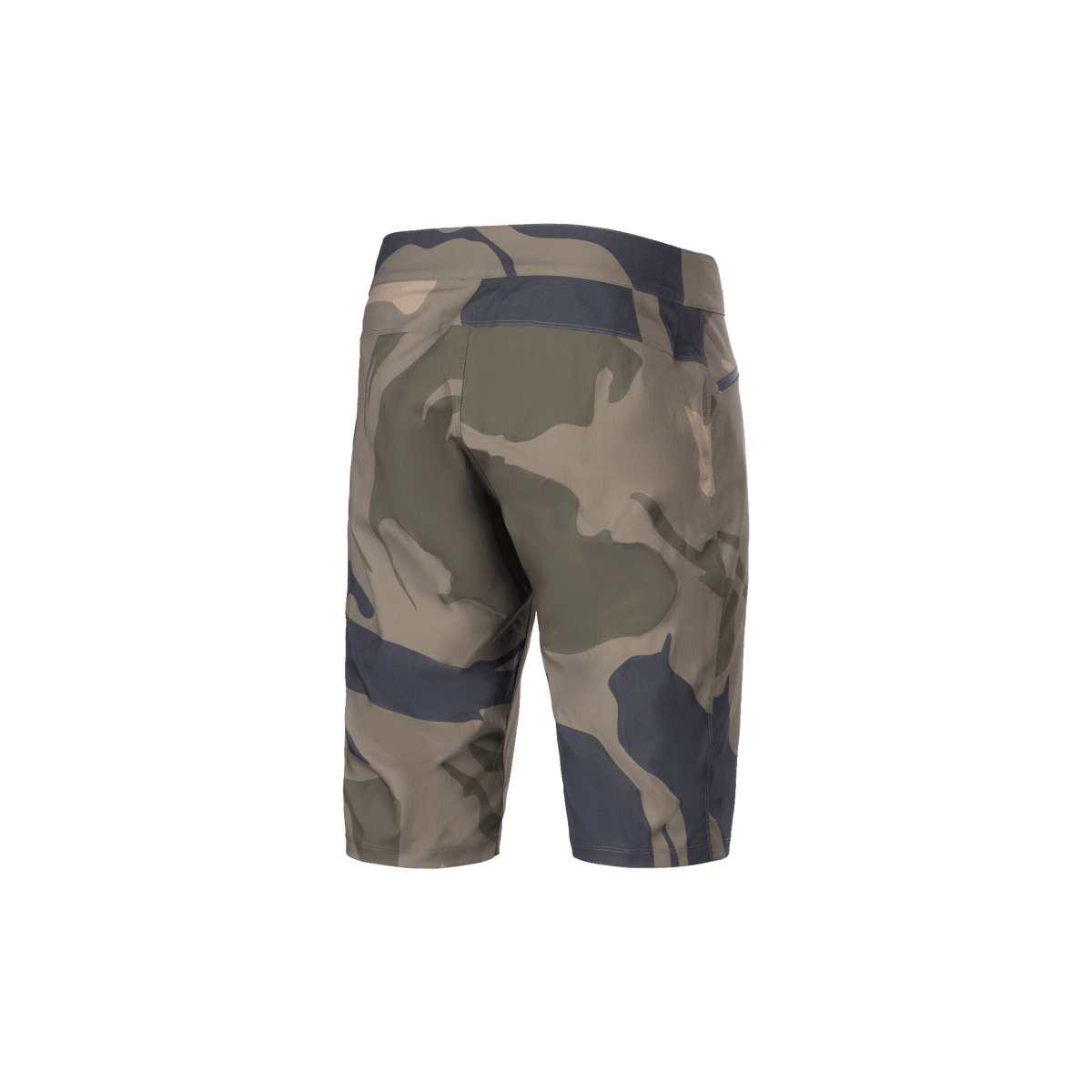 Alpinestars A-Dura Camo Liner Shorts, heren MTB cycling shorts, camouflage en bruin, achteraanzicht met duurzame 2-weg stretchstof en details van ritszakken