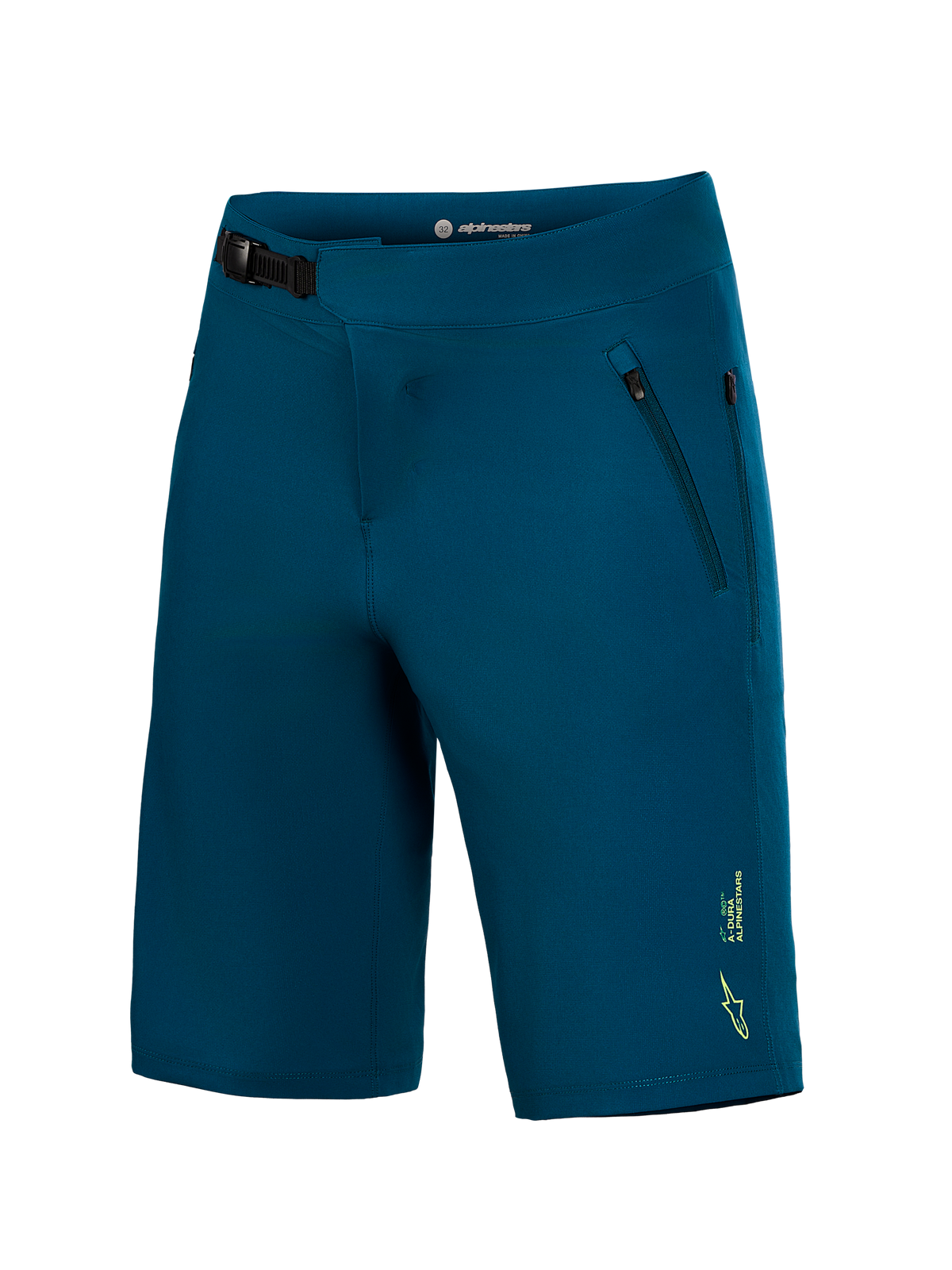 Blauwgroene A-Dura Ride MTB-shorts met ratelsluiting en ritszakken voor duurzame mountainbike-prestaties.