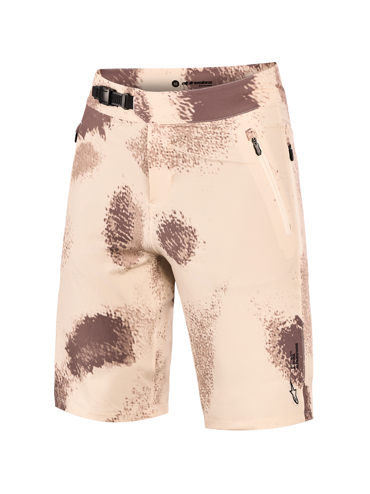 Sand Camo A-Dura Ride shorts van Alpinestars met ratelsluiting, ritszakken en duurzame 4-way stretch MTB-stof.