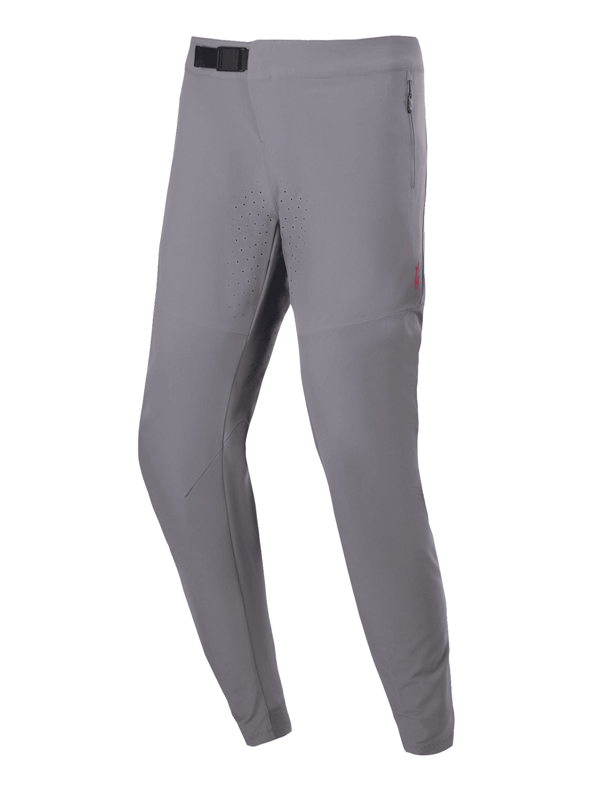 Alpinestars A-Aria Elite Pants, MTB Cycling Pants, Dark Gray, featuring laser-cut perforations on the thighs, black magnetic buckle closure at the waist, and zippered side pockets, performance fit for off-road trail riding