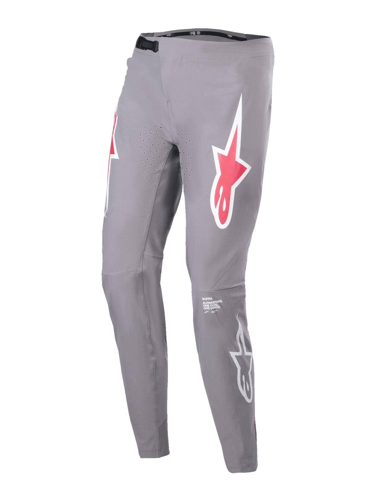 Alpinestars A-Supra Race Pants, MTB Racing Pants, Dark Gray, featuring red and white star logos on the thighs, laser-perforated ventilation holes, black ratchet waist closure, slim performance fit for mountain biking