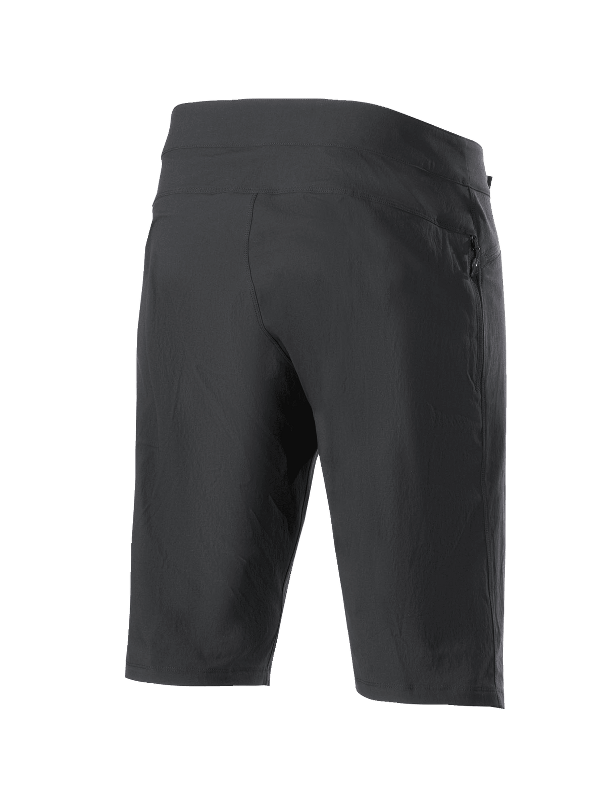 Alpinestars A-Dura Shorts, mountainbike short, zwart, achteraanzicht met zak met ritssluiting en getextureerde stretchstof, ontworpen voor MTB en off-road fietsen.