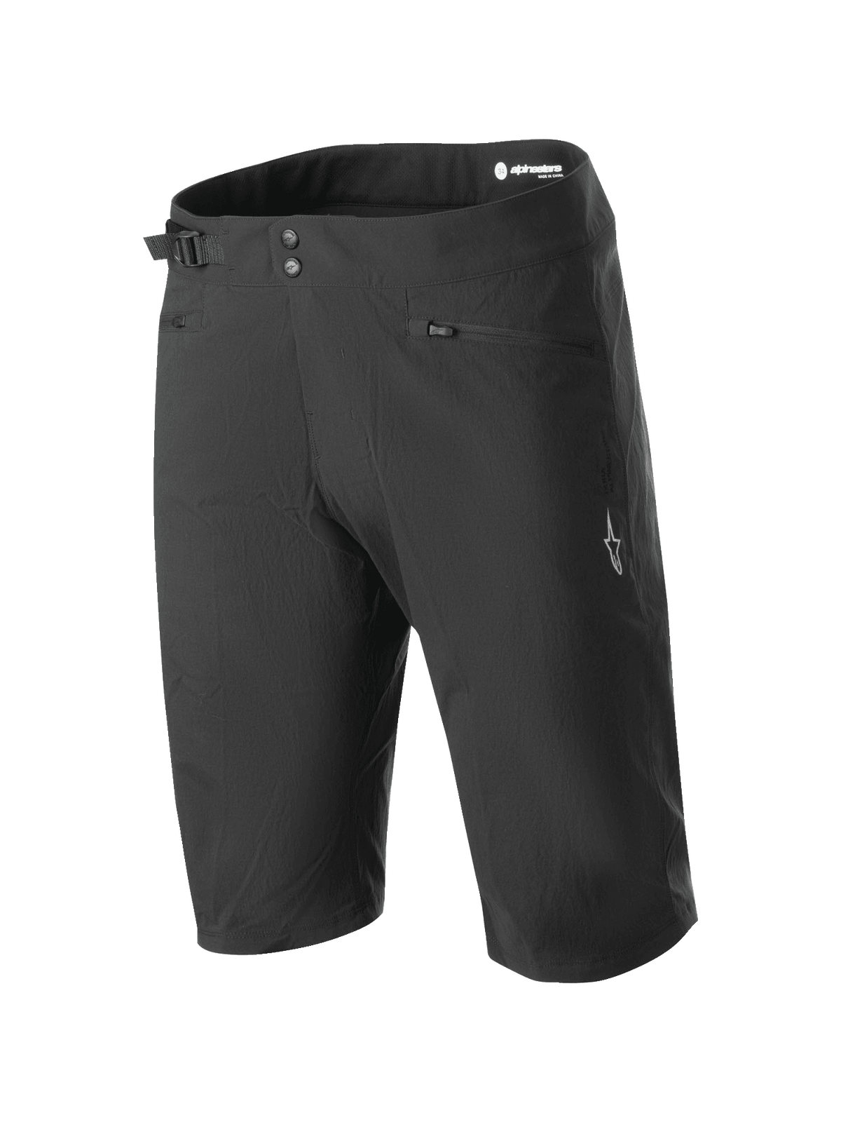 Alpinestars A-Dura Shorts, mountainbike shorts, zwart, met dubbele drukknoopsluiting, zijdelingse tailleversteller, ritszakken en wit logo op het been, duurzame 2-way stretchstof voor off-road fietsen