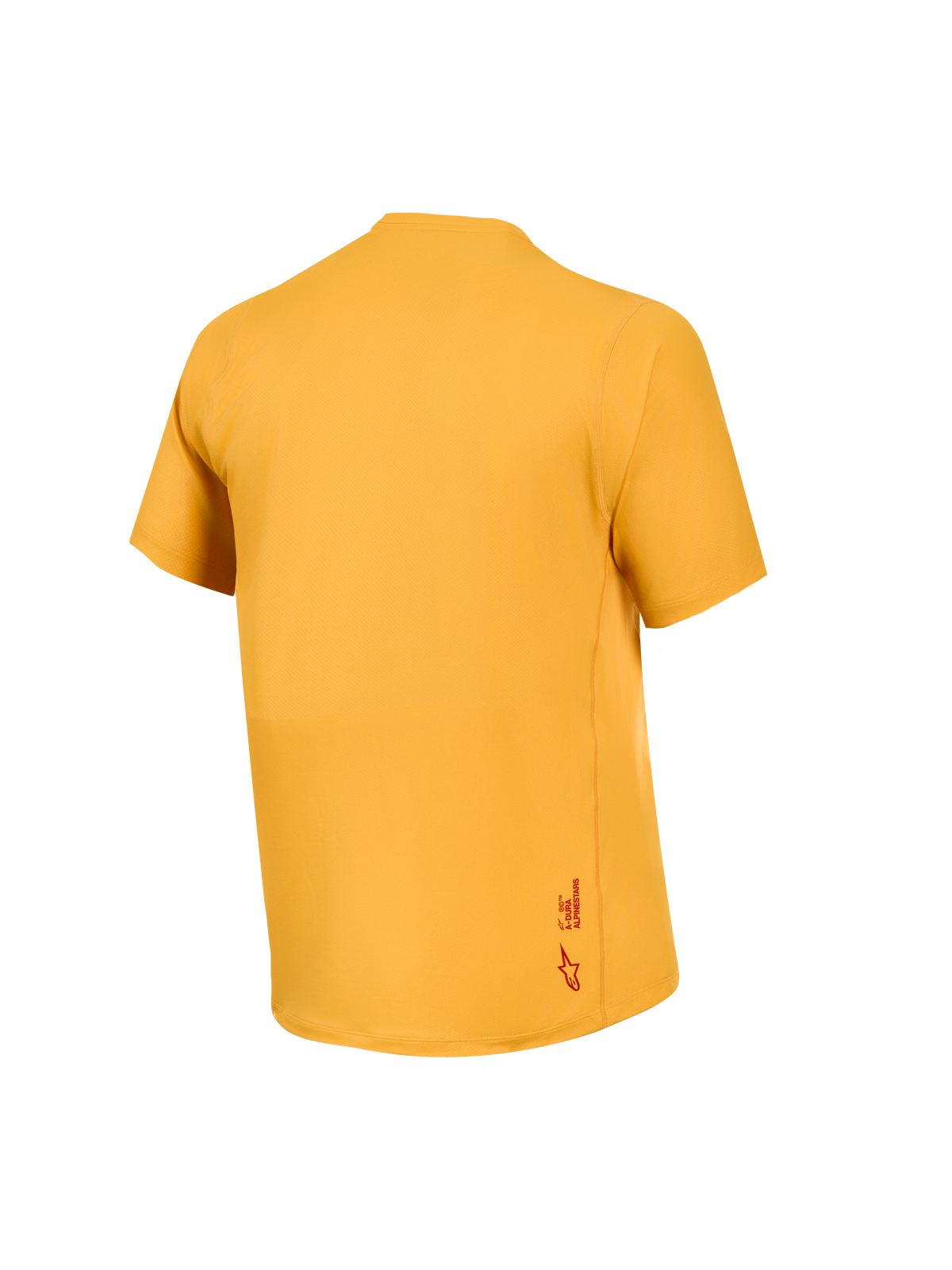 Oranje A-Dura Ride-trui met korte mouwen, achteraanzicht, jacquard stretchstof en klein Astars-logo op de zoom.