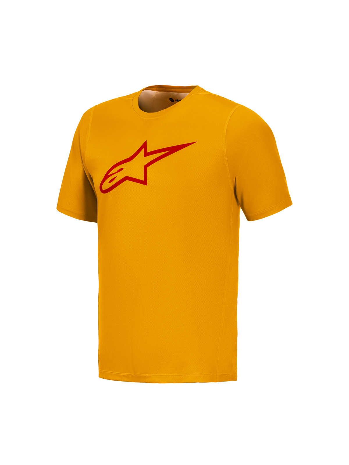 Oranje A-Dura Ride trui met korte mouwen, rood Astars-logo op de borst, technische MTB-kleding van Alpinestars.