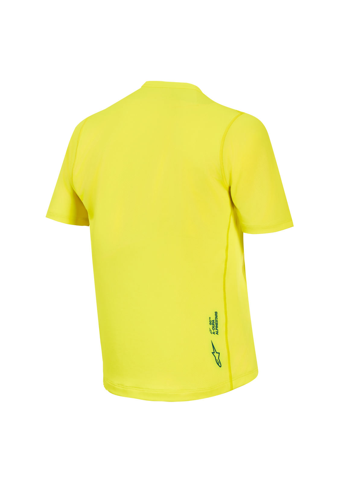Geel fluo A-Dura Ride fietsshirt met korte mouwen, achteraanzicht van de ademende jacquard MTB-top met logo.