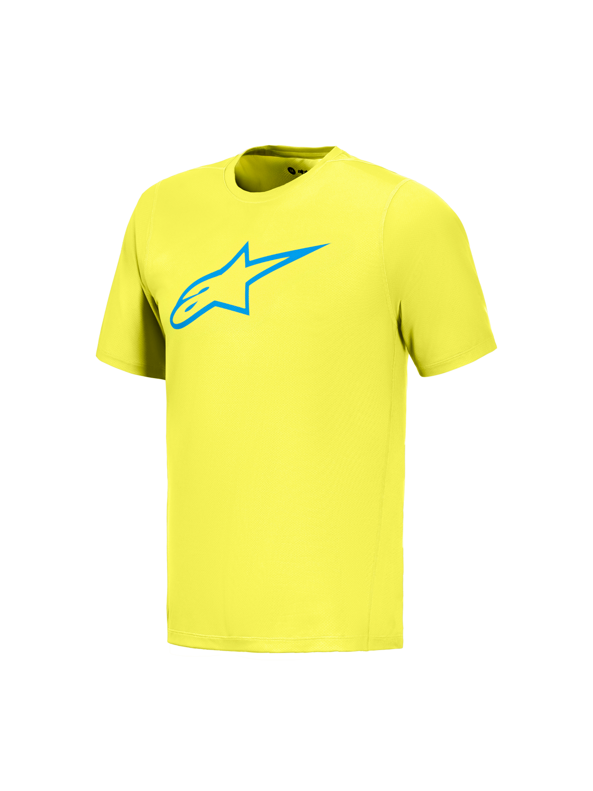 Fluogeel A-Dura Ride MTB-shirt met korte mouwen en blauw Astars-logo, technische kleding voor mountainbiken.
