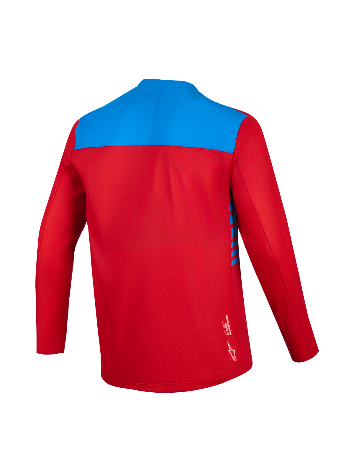 Alpinestars A-Dura Elite Jersey 2.0 met lange mouwen, rood en blauw, achterzijde van vochtafvoerende trailstof.