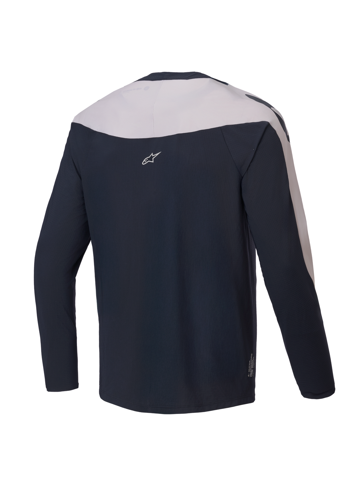 Alpinestars A-Supra Melt jersey, lange mouwen MTB-fietsshirt, achteraanzicht, zwart en lichtgrijs, lichtgewicht micro-geperforeerd polyester met stretchpanelen
