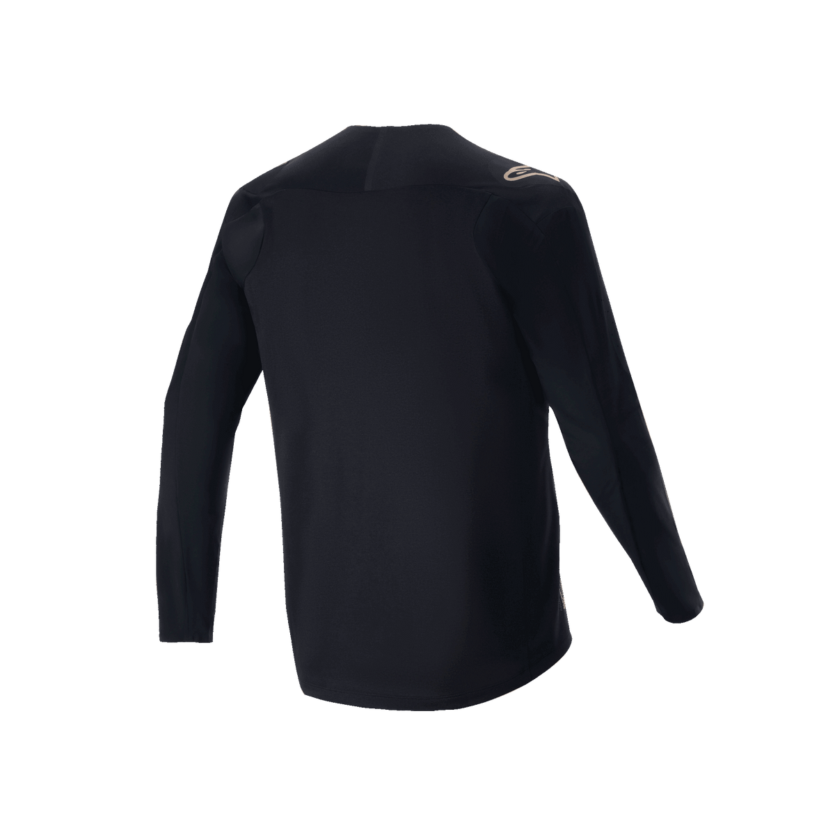 Alpinestars A-Aria Polartec Switch Long Sleeve Jersey, zwart, achteraanzicht van mountainbike jersey, klein beige logo op de schouder en verlengde achterzoom, technische vochtafvoerende stof voor off-road fietsen