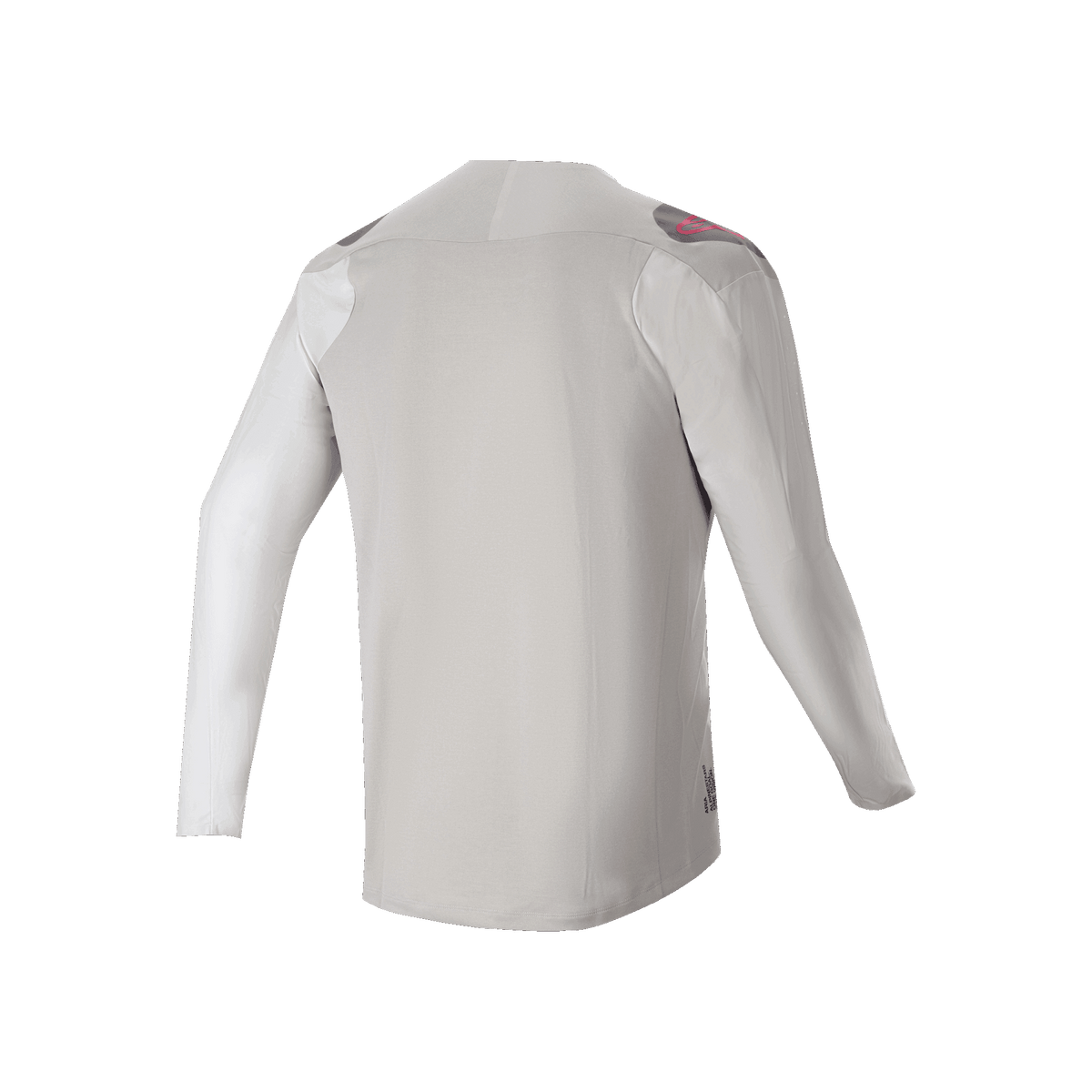 Alpinestars A-Aria Polartec Switch Long Sleeve Jersey, Rear View, Light Gray with dark gray shoulder panels and pink logo accents, performance stretch fabric with drop tail design, mountain bike trail riding apparel