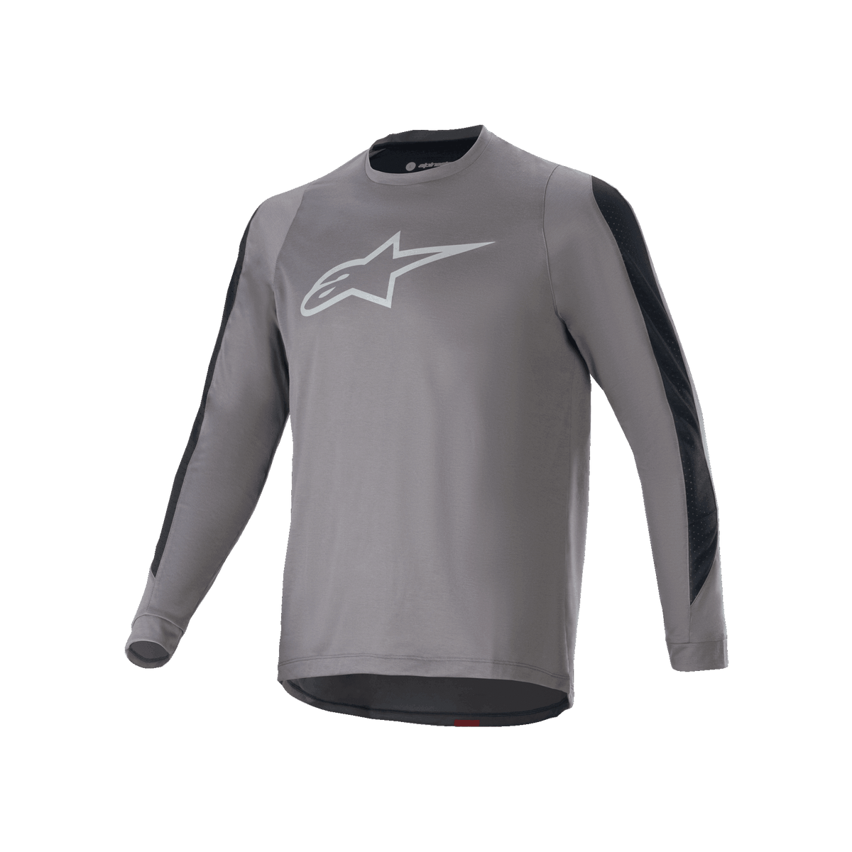Alpinestars A-Dura Dri Astar Long Sleeve Jersey, Dark Gray with white Astars logo on the chest, black mesh ventilation panels on sleeves, performance cycling gear for MTB