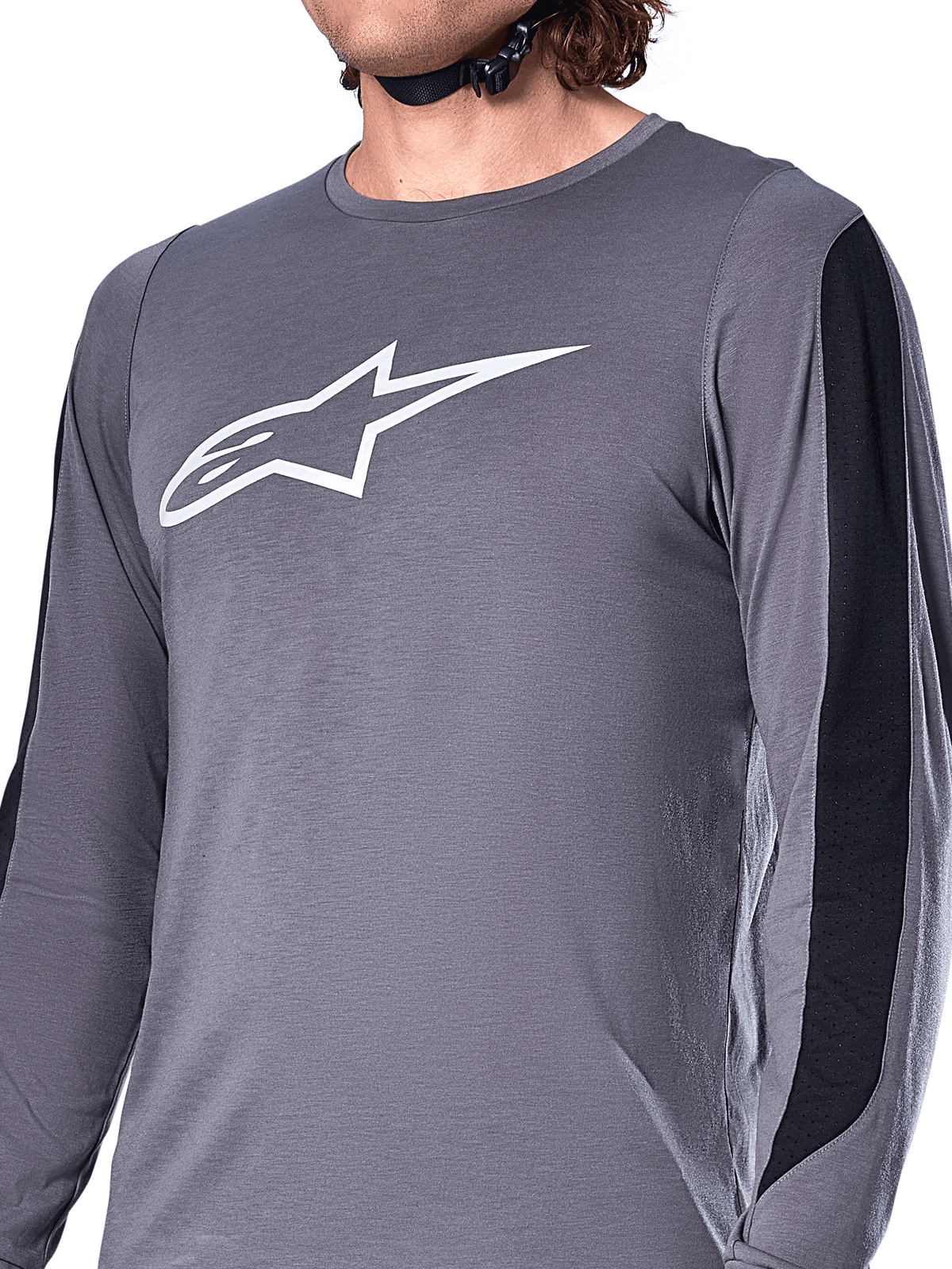 Alpinestars A-Dura Dri Astar Jersey, Long Sleeve, Dark Gray, white Astars logo on the chest, black mesh panels on sleeves, performance mountain bike apparel