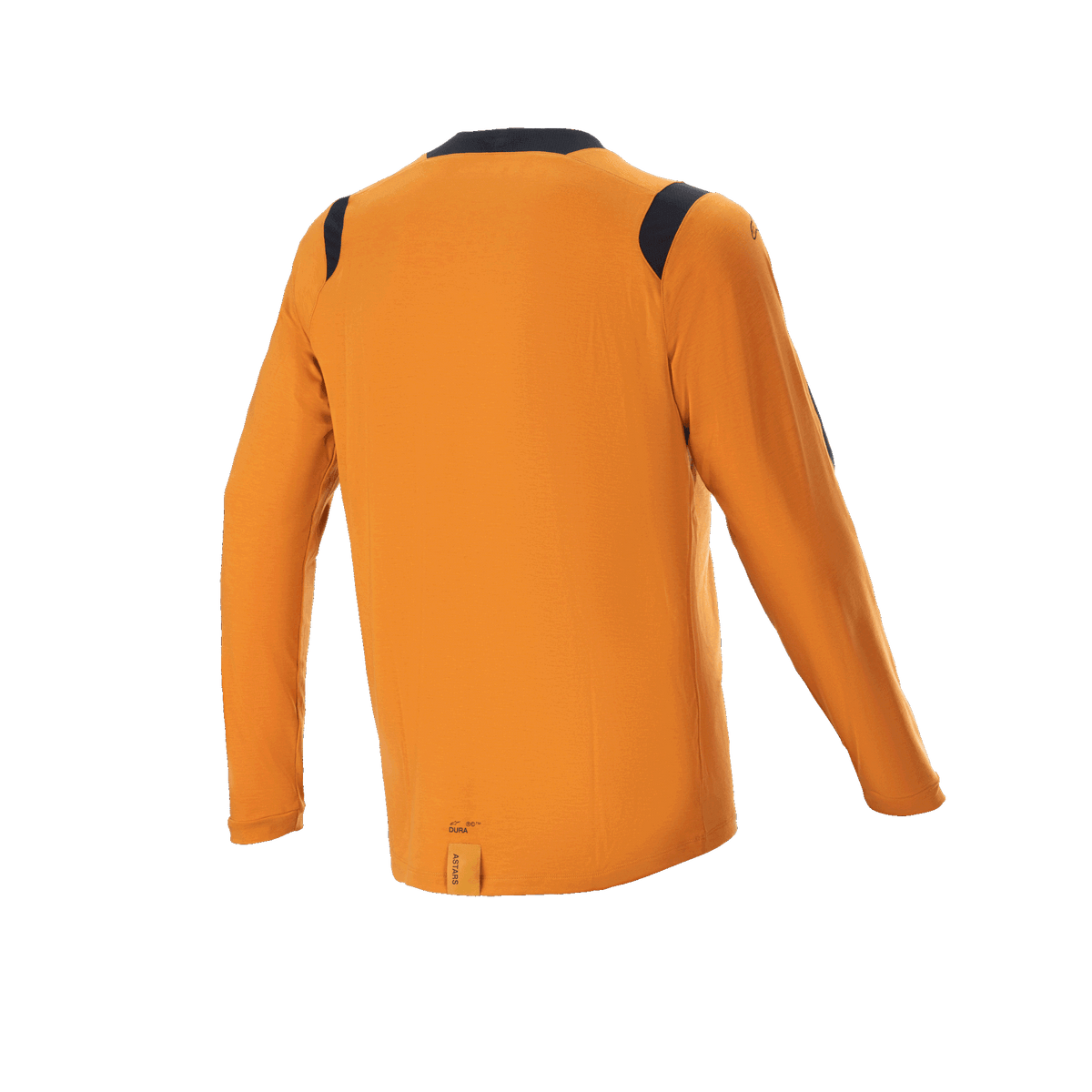 Alpinestars A-Dura Dri Wool Jersey met lange mouwen, Dark Gold, achteraanzicht met zwarte mesh panelen op de schouders en kraag, technische mountainbikekleding met een langere afhangende staart