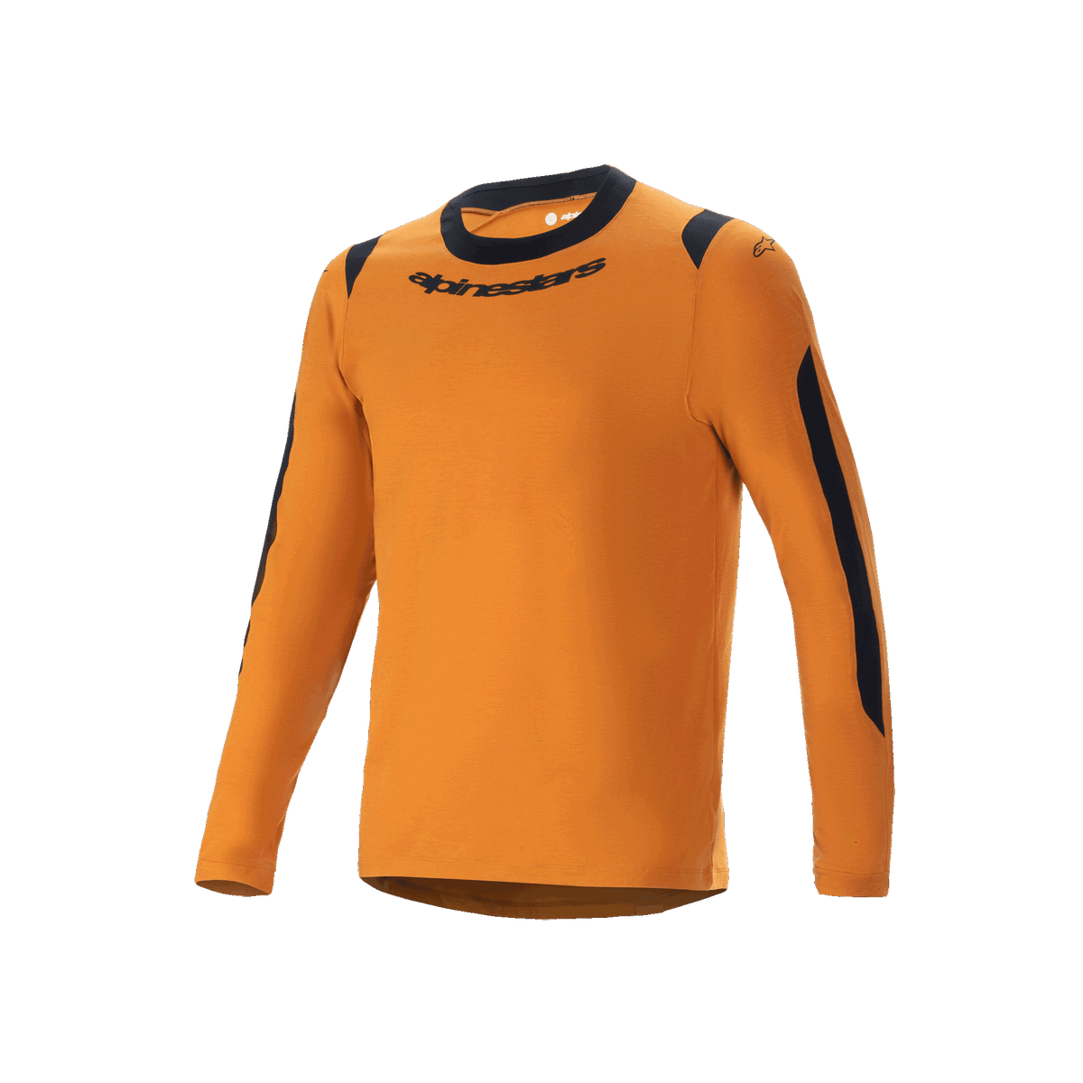 Alpinestars A-Dura Dri Wool Jersey - lange mouwen, mountainbike shirt, donkergoud, zwarte ronde hals en mesh panelen op de schouders en armen, Alpinestars-woordmerk op de borst, technische wolmix voor trailrijden