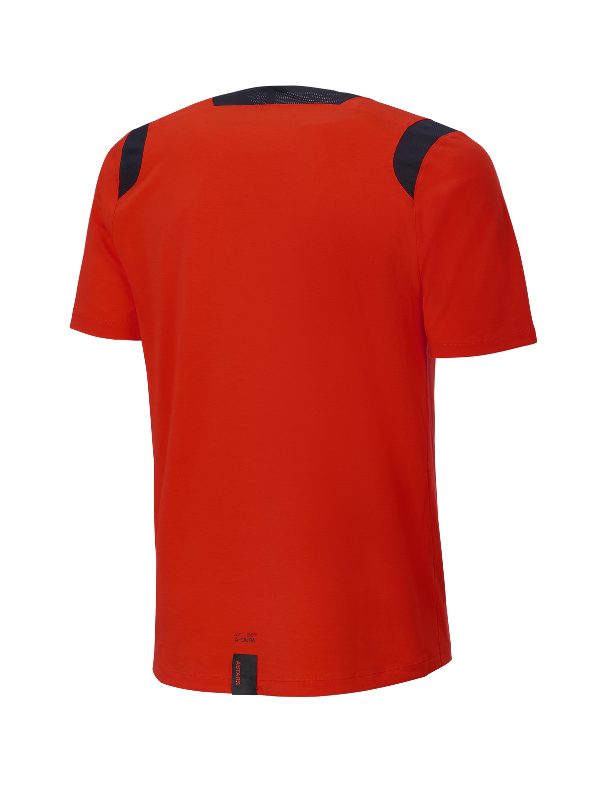 Alpinestars A-Dura Dri Wool Jersey met korte mouwen, Spicy Orange, achteraanzicht, voorzien van zwarte mesh panelen op de schouders en kraag, langere achterzijde voor extra bedekking tijdens het trailrijden