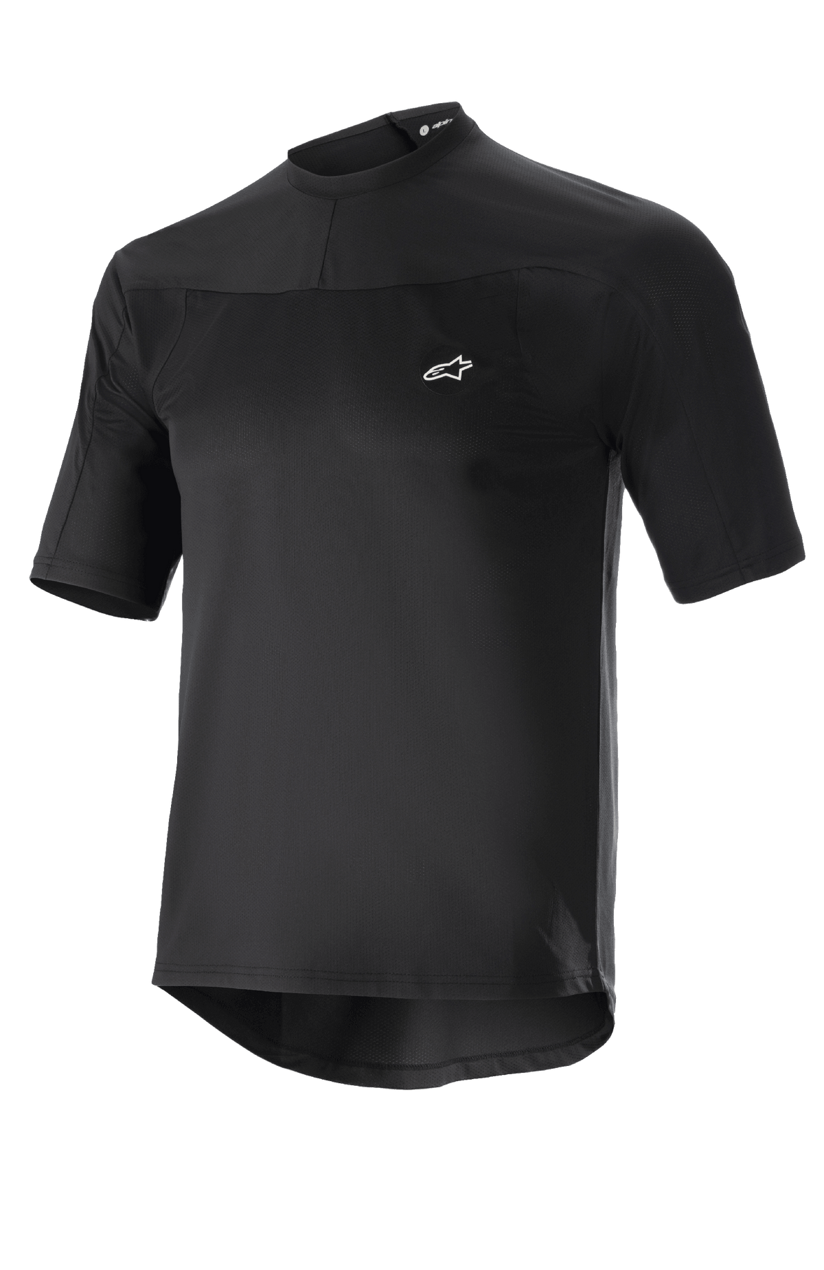 Alpinestars Drop Meta Jersey, MTB wielrenshirt met korte mouwen, zwart, lichtgewicht mesh-stof, klein wit logo op de borst, ronde kraag en verlengde achterzijde voor rugdekking