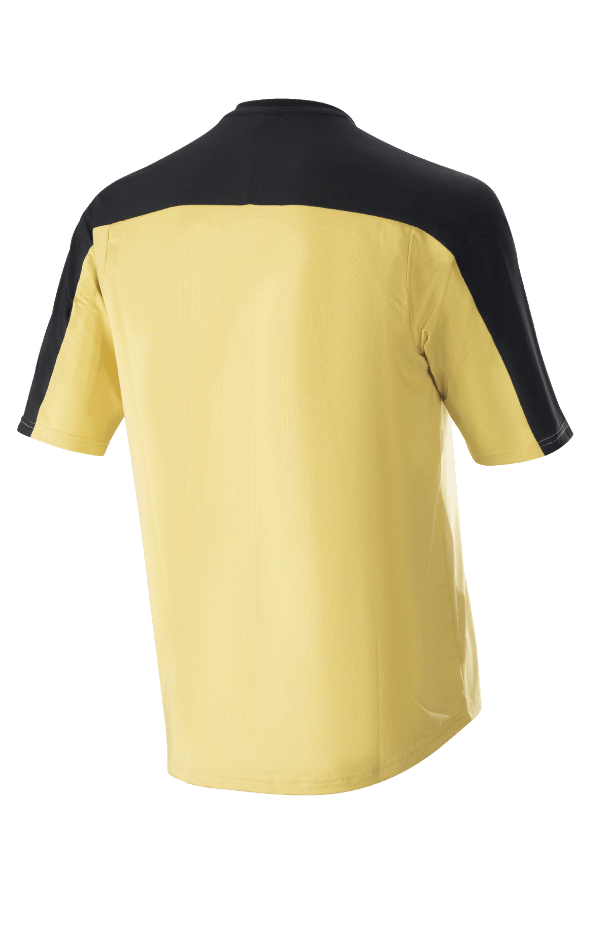 Alpinestars Drop Meta Jersey - Korte mouwen, mountainbike jersey, goud met zwart schouderstuk en mouwpanelen, achteraanzicht, verlengde achterkant voor extra dekking, lichtgewicht mesh-materiaal.
