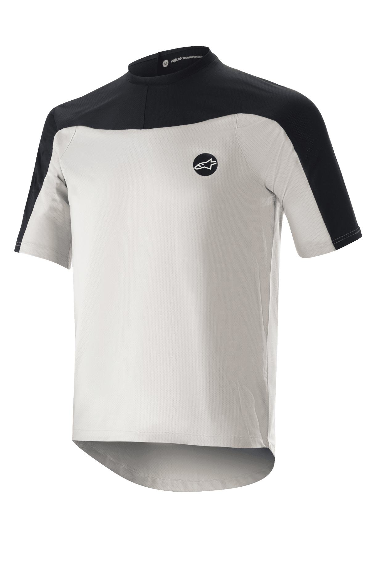 Alpinestars Drop Meta Jersey Short Sleeve, Mountain Biking Jersey, Light Gray and Black, featuring a breathable mesh construction, black shoulder yoke, round neckline, and extended rear tail for coverage.