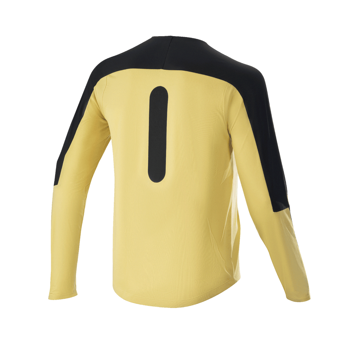 Alpinestars Drop Meta Jersey - lange mouwen, mountainbike jersey, goud en zwart, achteraanzicht met zwarte schouderpanelen en verticale graphic, lichtgewicht mesh-materiaal met verlengde achterzijde voor MTB-trailrijden