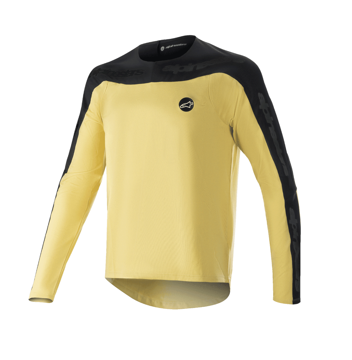 Alpinestars Drop Meta Jersey met lange mouwen, MTB mountainbikeshirt, goud en zwart, zwart schouderstuk en buitenste mouwpanelen, klein rond logo op de borst, lichtgewicht ademende mesh-stof, verlengde achterzoom