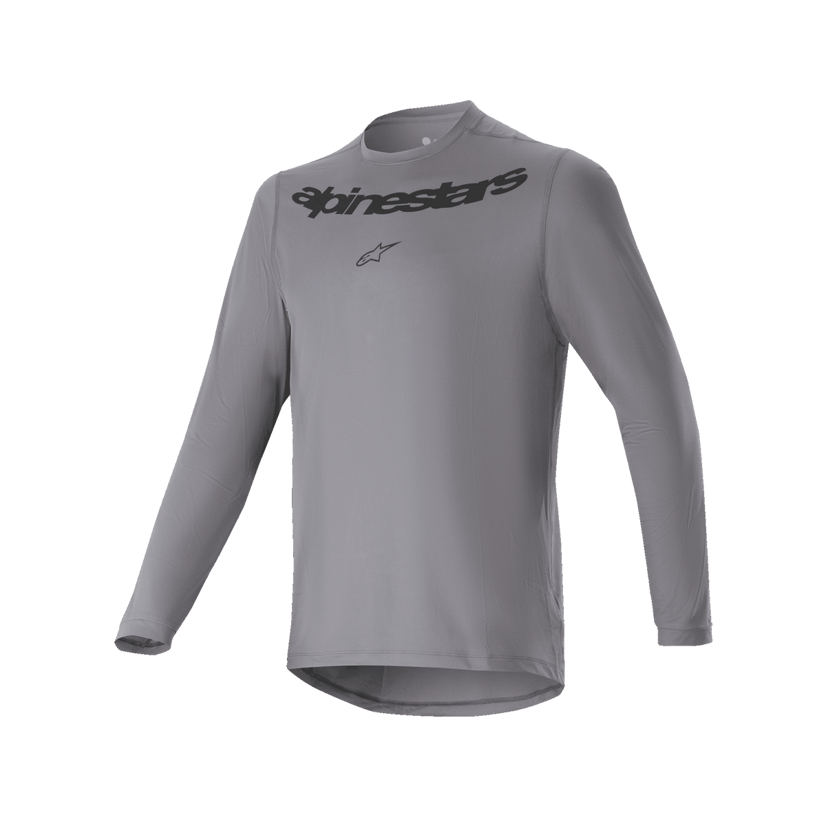 Alpinestars A-Dura Rocker Jersey met lange mouwen, MTB-wielershirt, donkergrijs, met zwart Alpinestars-woordmerk en sterlogo op de borst, langere achterzijde, hoogwaardige fietskleding voor mountainbiken