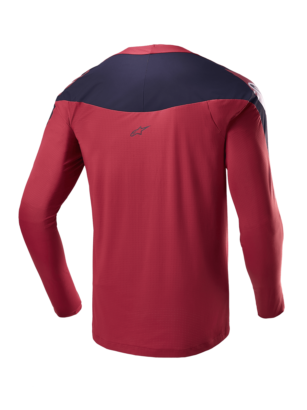 Alpinestars A-Supra Race Jersey - lange mouwen, bordeauxrood en marineblauw, achteraanzicht met technische micro-geperforeerde stof, donker schouderpaneel met logo, hoogwaardige MTB-uitrusting