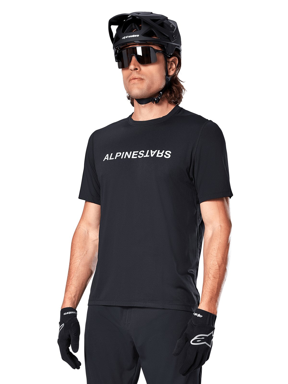 Alpinestars A-Dura Switch jersey met korte mouwen, heren MTB-shirt voor trailrijden, zwart, technische stof, wit woordmerklogo.