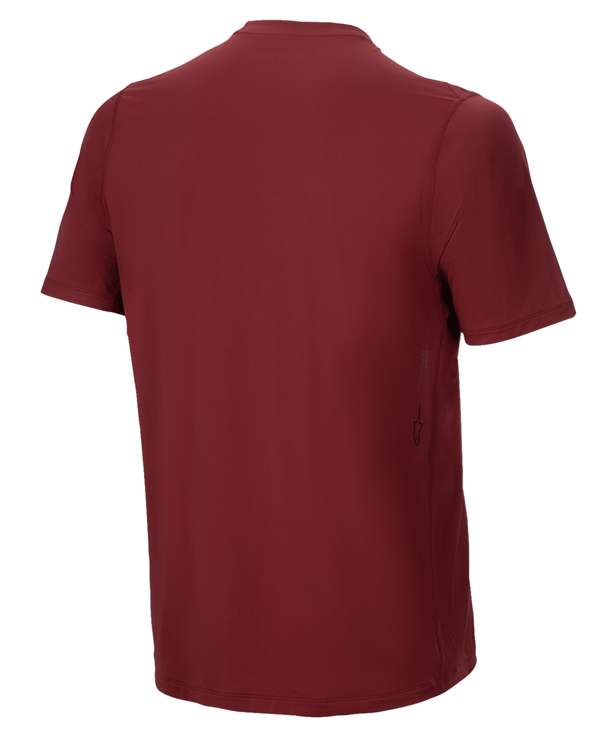 Alpinestars A-Dura Switch Jersey met korte mouwen, bordeauxrood, achteraanzicht, voorzien van een verlengde achterzoom en een klein verticaal Alpinestars-logo aan de onderzijde, hoogwaardige MTB-fietskleding.