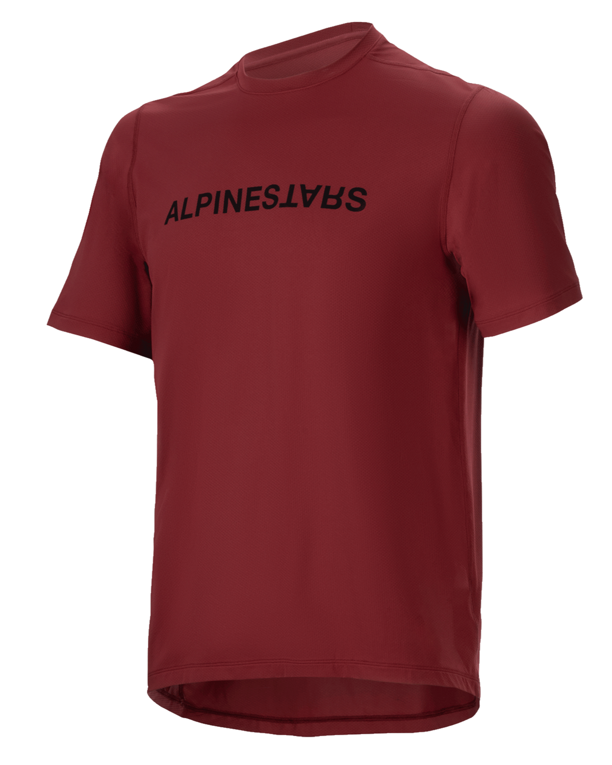 Alpinestars A-Dura Switch Jersey, mountainbike shirt met korte mouwen, burgundy, zwart woordmerk logo op de borst, lichtgewicht vochtafvoerende stof, ronde hals en verlengde achterzijde, ontworpen voor off-road fietsen
