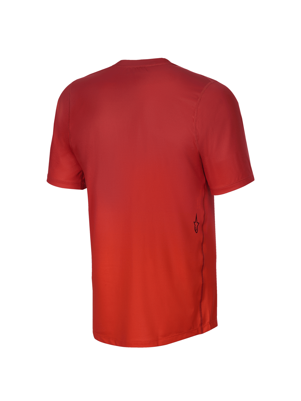 Alpinestars Youth A-Dura Rise Jersey met korte mouwen, achteraanzicht, oranje, met een jacquard stoftextuur, een klein zwart Astars-logo aan de onderkant en een verlengde achterkant voor extra dekking tijdens het mountainbiken.