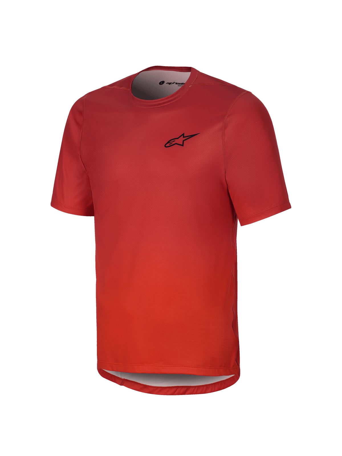 Alpinestars Youth A-Dura Rise Jersey met korte mouwen, Spicy Orange, zwart logo op de borst, ronde hals en verlengde achterkant, ademende jacquard stof voor mountainbiken